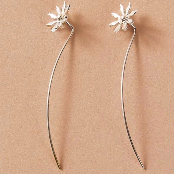 Flower Long Drop Threader Style Earrings - Picture 2 of 2